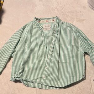 American Eagle Outfitters Mint Green and White Striped Button-Down Shirt